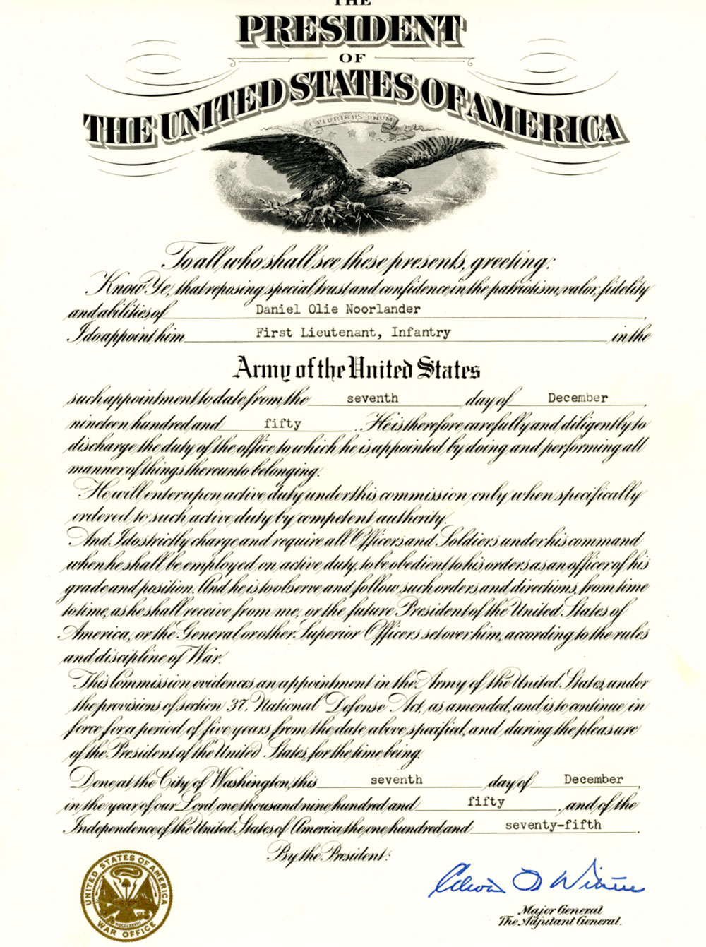 Daniel Noorlander Commission Korean War