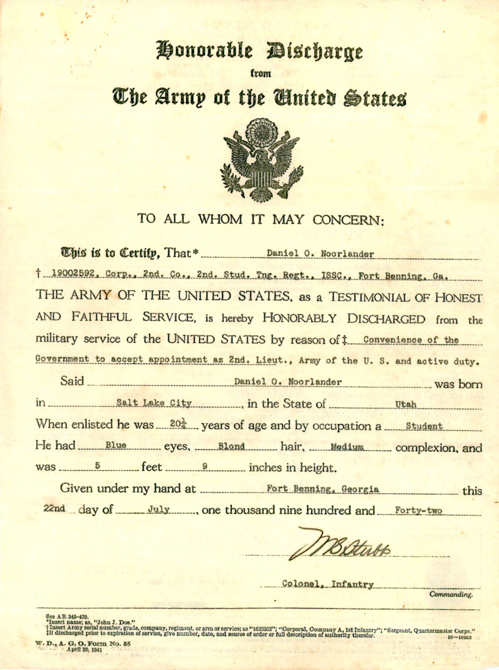 Dan Noorlander Sr. -- Honorable Discharge